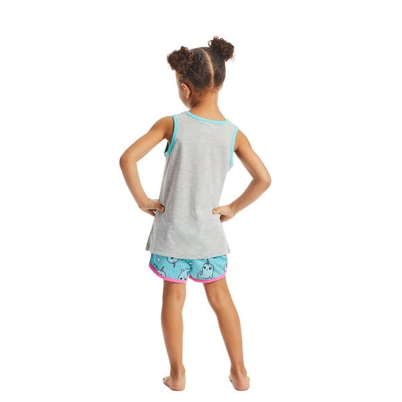 Girls 2-Piece Pajama Set, Grey Narwhal Glitter Print Sleep Top, Turquoise Shorts, L