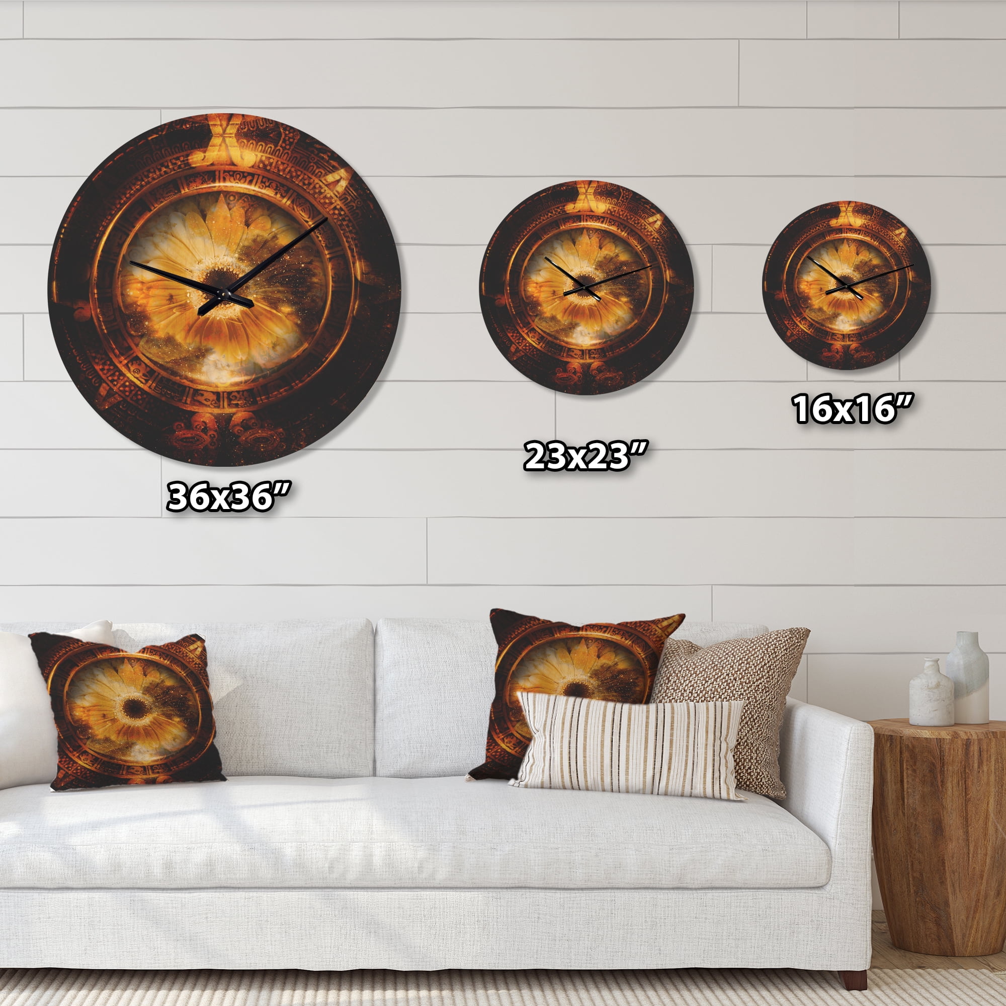 Designart 'Ancient Mayan Calendar Collage With Sunflower' Modern Wood Wall Clock