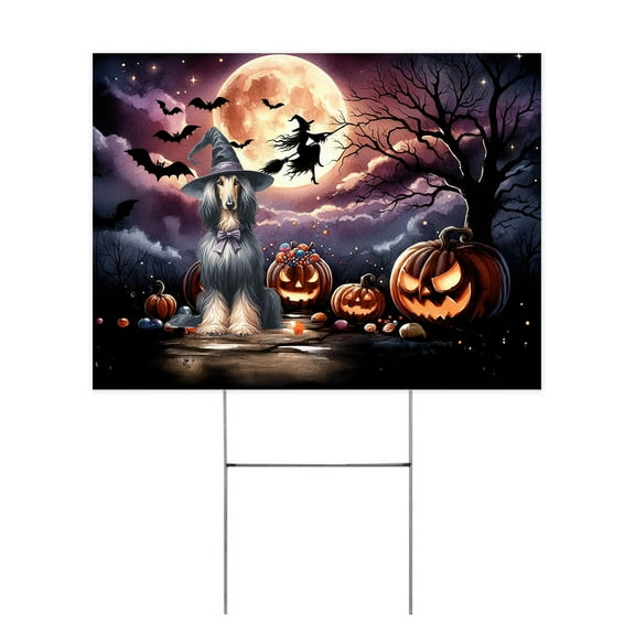 Spooky Halloween Night Witch Afghan Hound Glowing Pumpkins Yard Sign Dog Lover Outdoor Home Lawn Garden Porch Decor - 12015