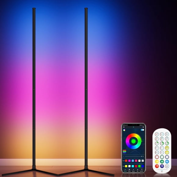 WISIMMALL 2PCS RGB Corner Floor Lamp, 64.5" RGB Color Changing Mood Light Bluetooth APP and Remote Control Music Sync LED 398 Dimmable Modes Modern F