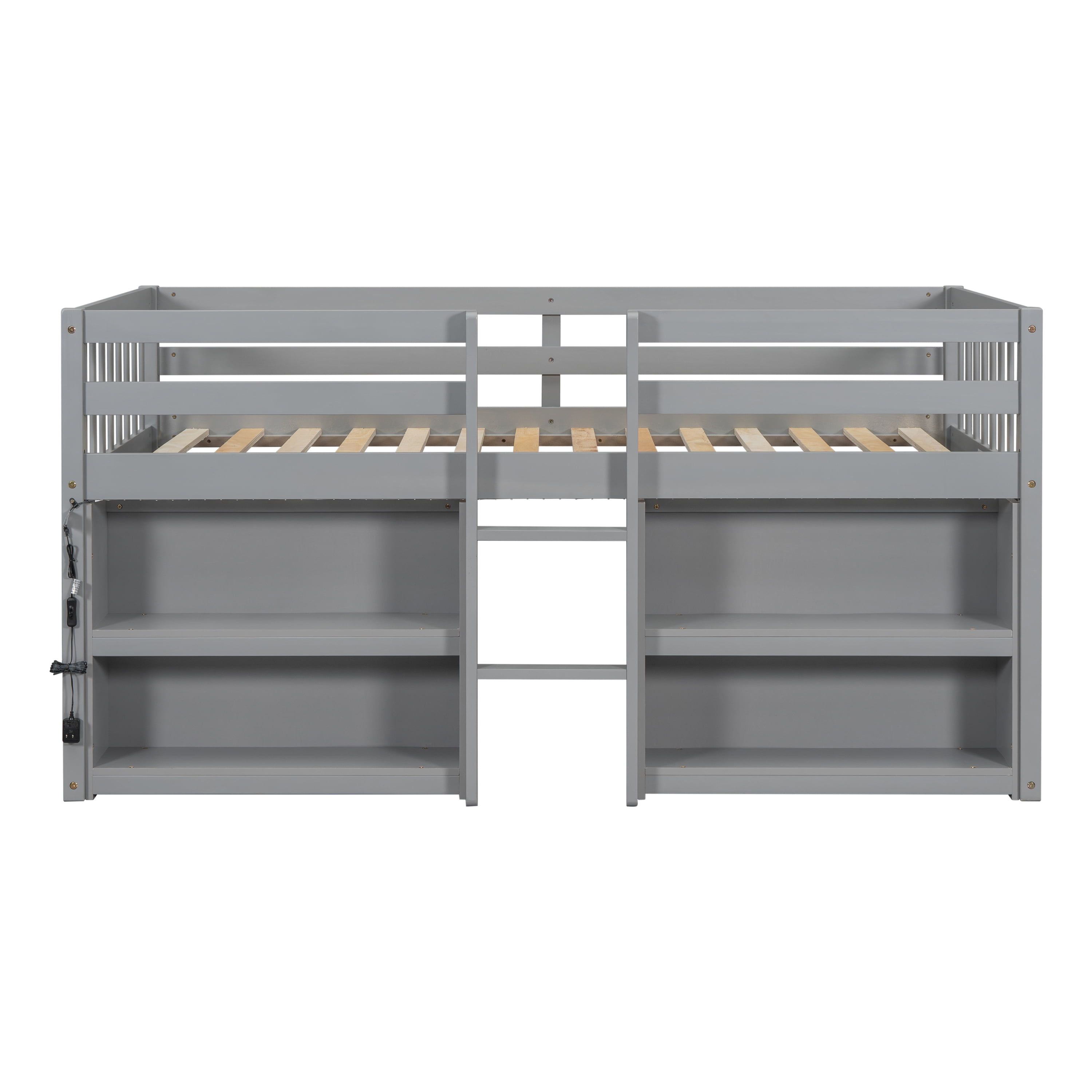 Twin Size Low Loft Bed with Two-Tier Shelves, Wooden House Loft Bed with Storage for Books & Toys, Space Saving for All Ages, Multi-Functional, Grey