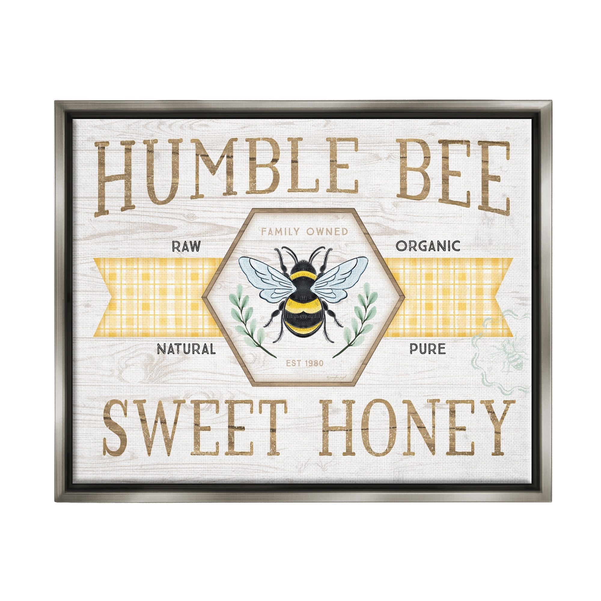 Stupell Industries Sweet Honey Bumble Bee Sign Country Tartan Banner Graphic Art Luster Gray Floating Framed Canvas Print Wall Art, Design by Jennifer Pugh