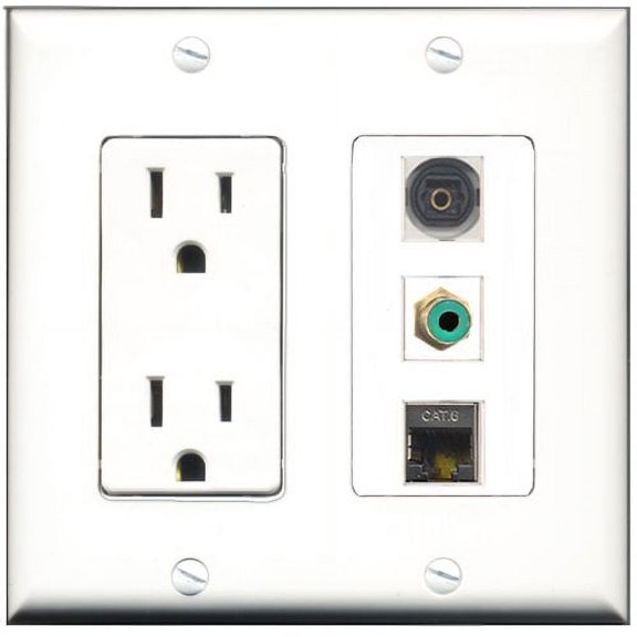 RiteAV - 15 Amp Power Outlet 1 Port RCA Green 1 Port Shielded Cat6 Ethernet Ethernet 1 Port Toslink Decorative Wall Plate