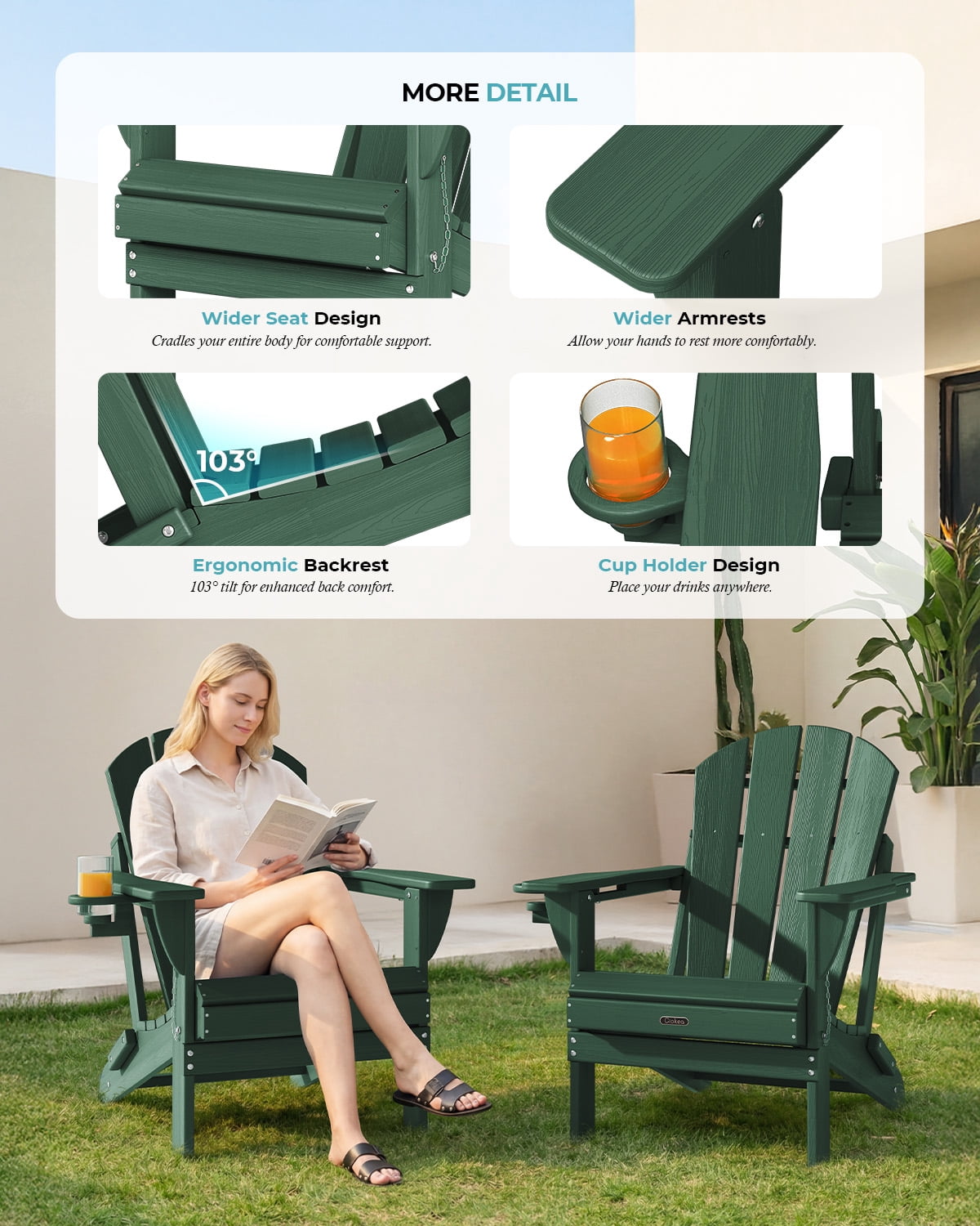Folding Adirondack Chair, All-Weather HDPE Fire Pit Patio Chair, Green