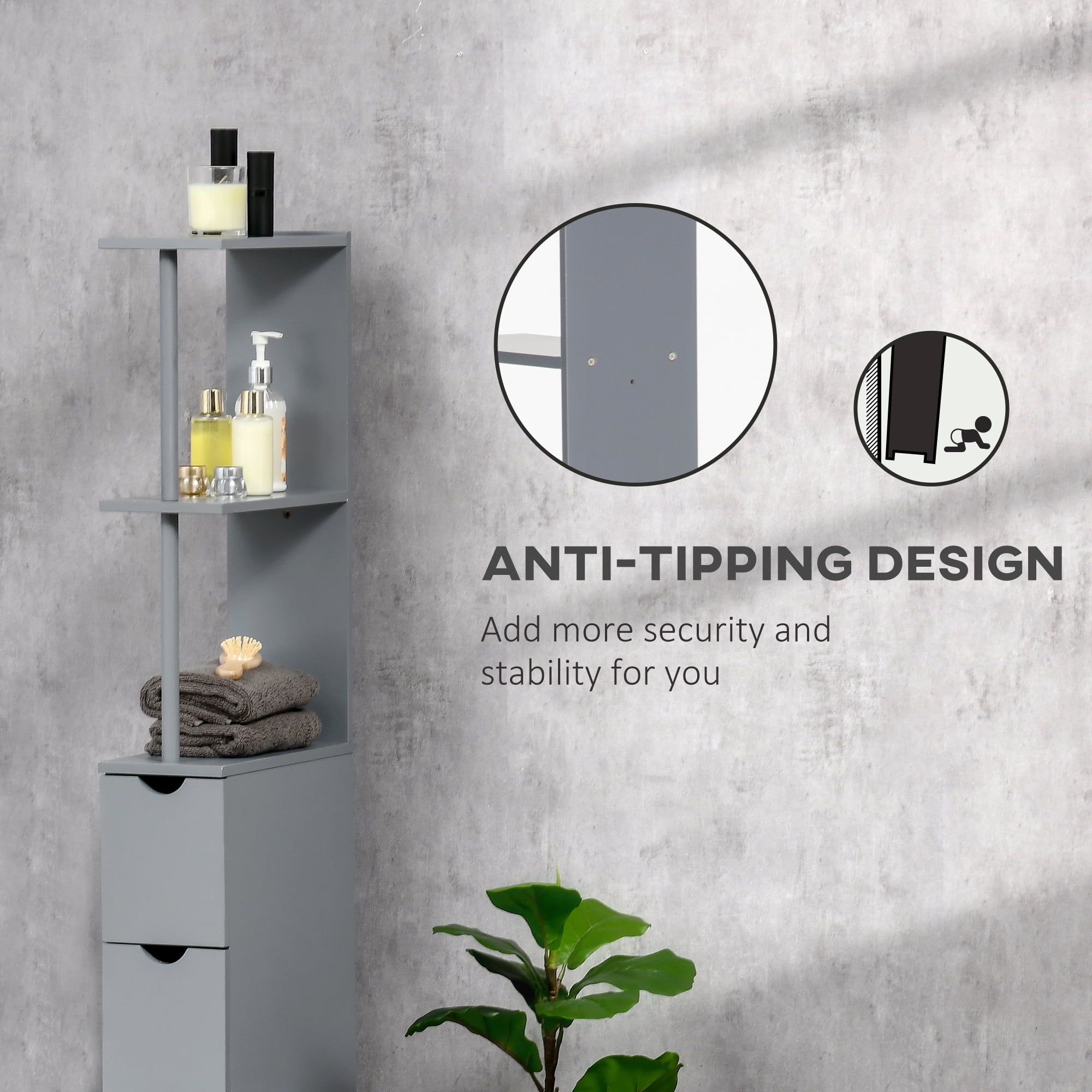 HOQBN 54" Tall Freestanding Bathroom Storage Cabinet with 2‑Tier Shelf and Drawers, Multipurpose Storage Cabinet for Bathroom Laundry Room Home, Grey