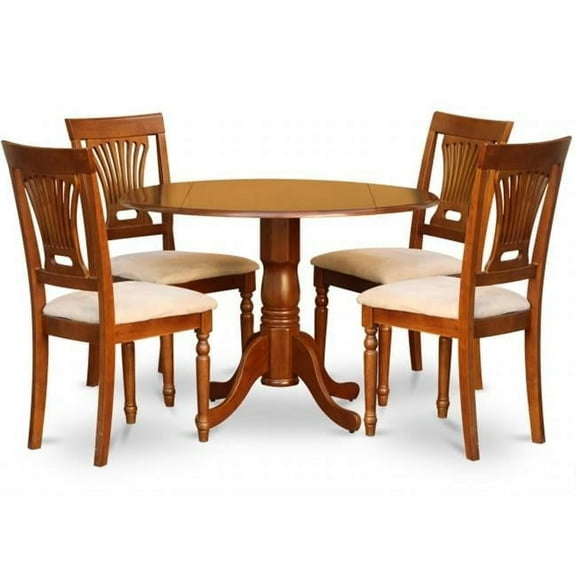 East West Furniture DLPL5-SBR-C 5PC Kitchen Round Table with 2 Drop Leaves and 4 Plainville chairs with cushion Seat