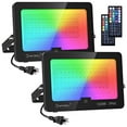 thumbnail image 1 of Onforu 2 Pack 100W RGB LED Flood Light, Dimmable Color Changing Floodlight with 44 Keys Remote, IP66 Waterproof Wall Washer, Outdoor Uplighting with 20 Colors 6 Modes for Garden,Indoor, Party, Stage, 1 of 9