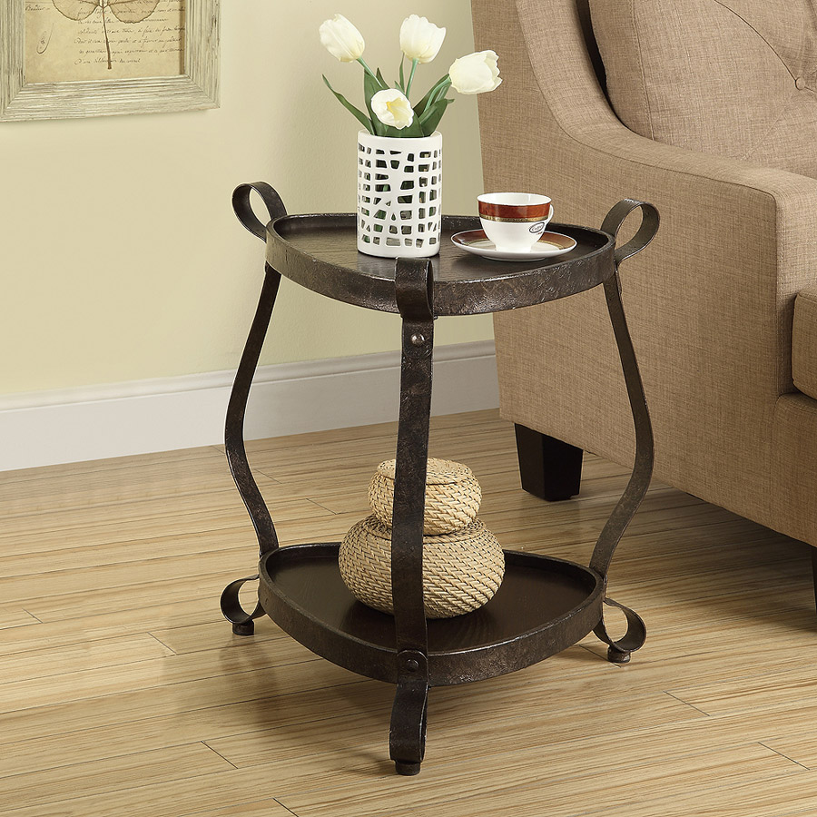 Bronze Metal Accent Table, Bronze/Dark Walnut Veneer Top