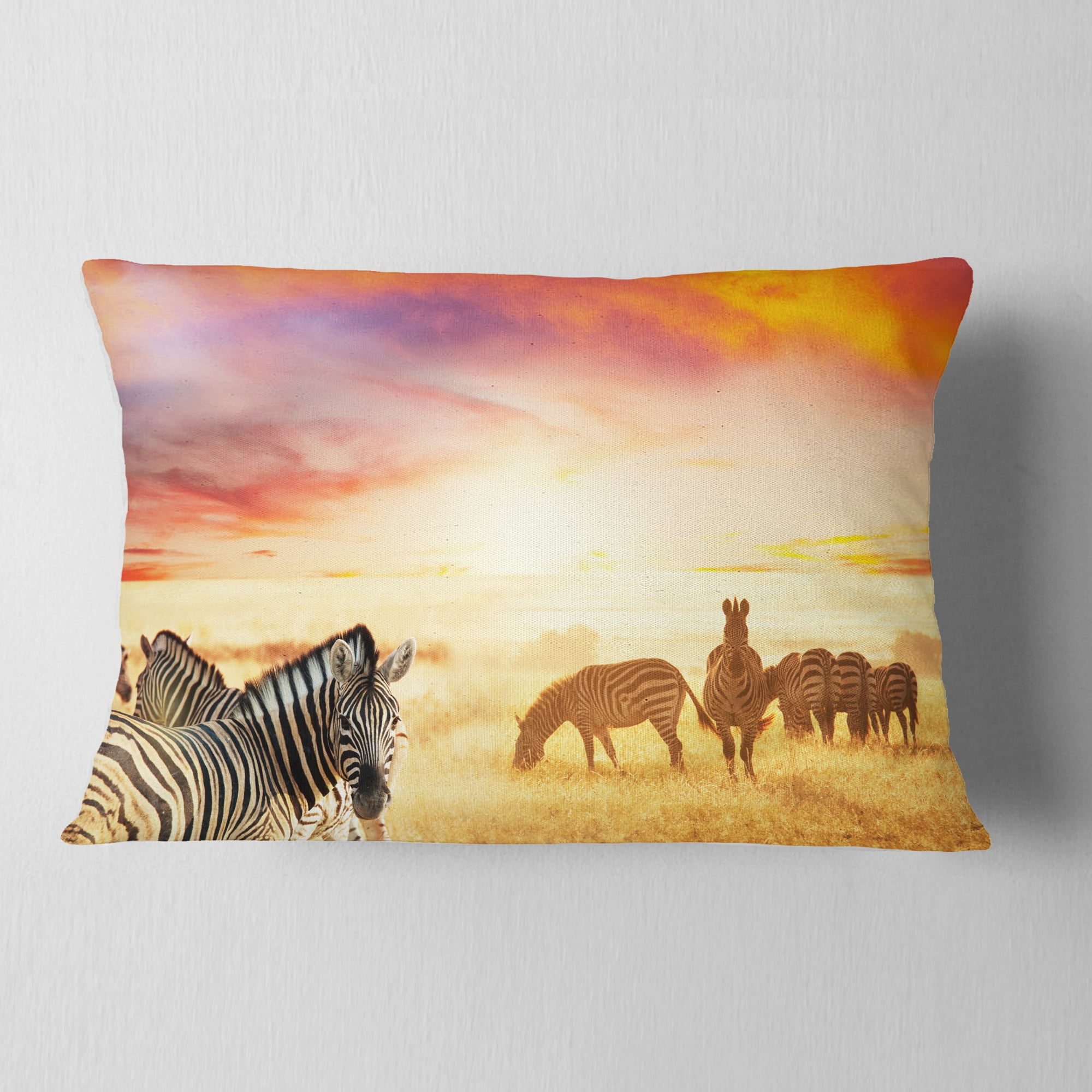 Designart Cute Zebras Grazing in Grassland - Animal Throw Pillow - 12x20