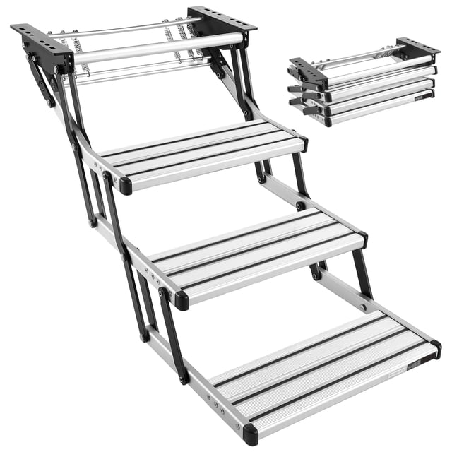 KFFKFF RV Steps, 3-Step, 440 lbs Load Capacity, Manual Retractable RV Stairs, Telescopic Folding Aluminum Alloy Camper Steps