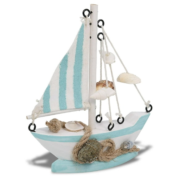 CoTa Global Oceanic Mini Sailboat Decor - Handcrafted Wooden Boat Decoration, Perfect Nautical Model Sailboat Nautical, Cute Beach Themed Home Decor, Mini Boat with Beach Shells - 5.1 Inches