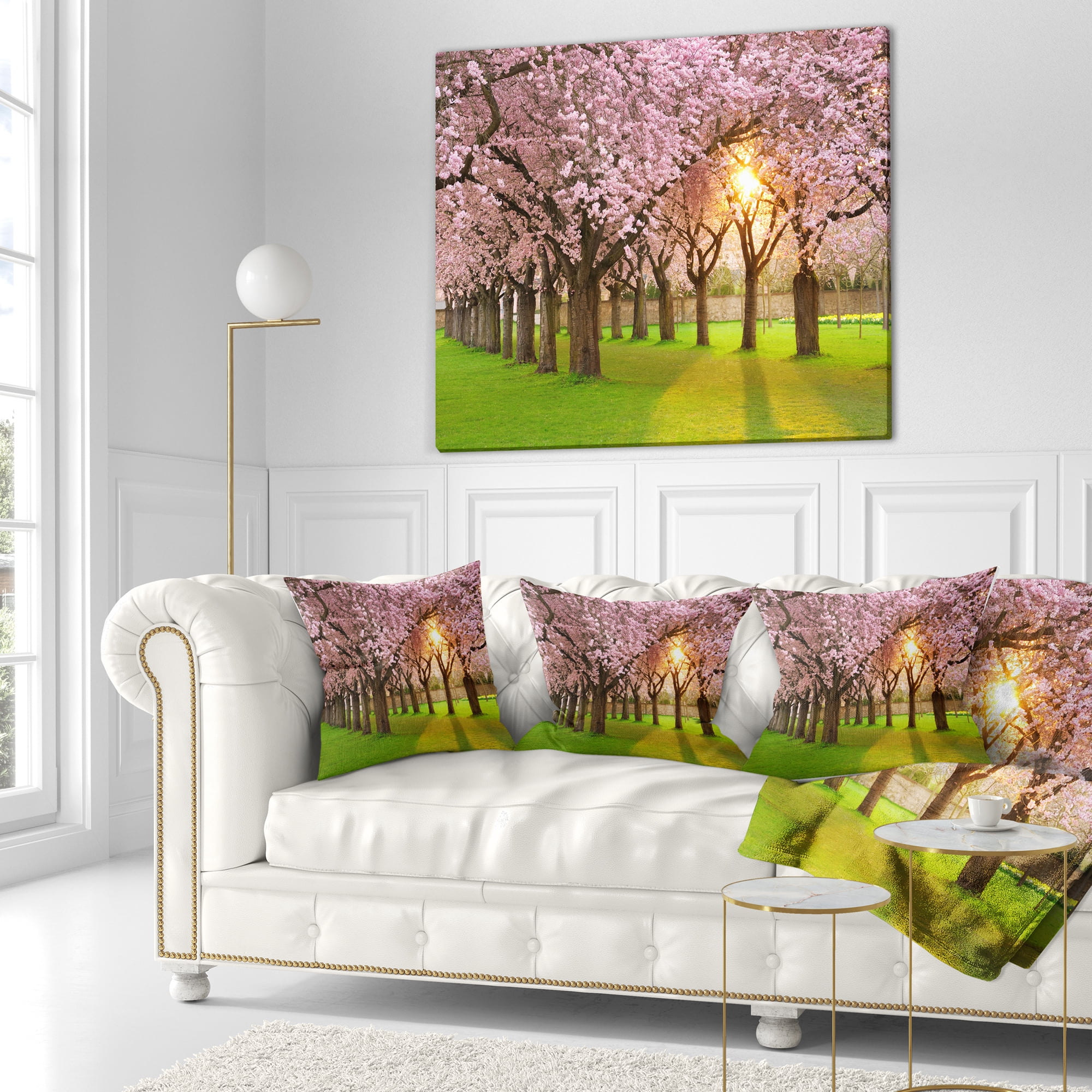 Designart Fascinating Springtime Cherry Scenery - Landscape Printed Throw Pillow - 18x18