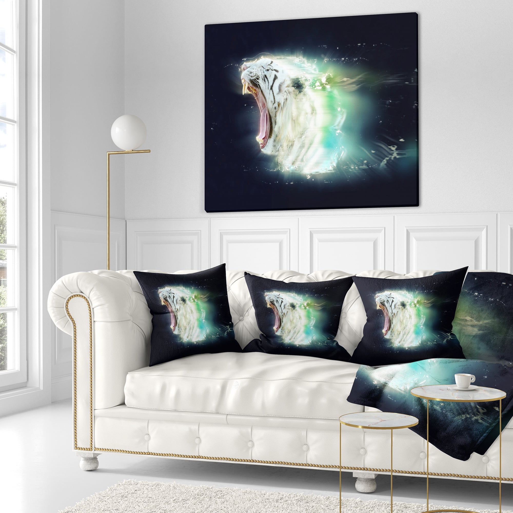 Designart White Tiger with Open Jaws - Animal Throw Pillow - 18x18