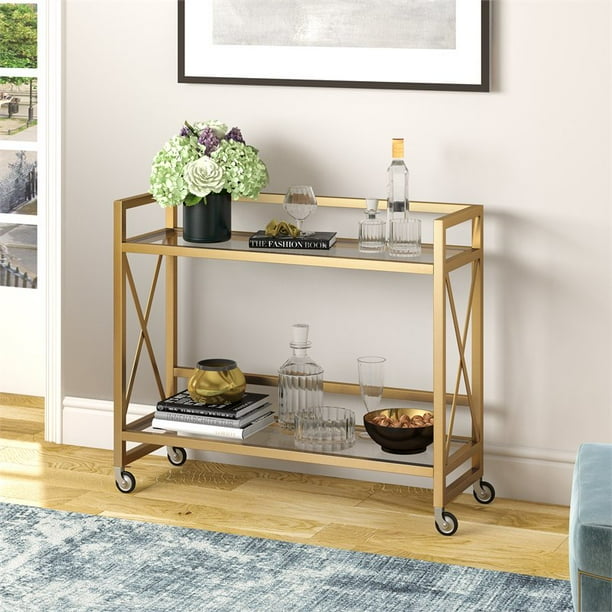 Modern Rolling Bar Cart with Wheels, Glass Shelves, Narrow Rectangular
