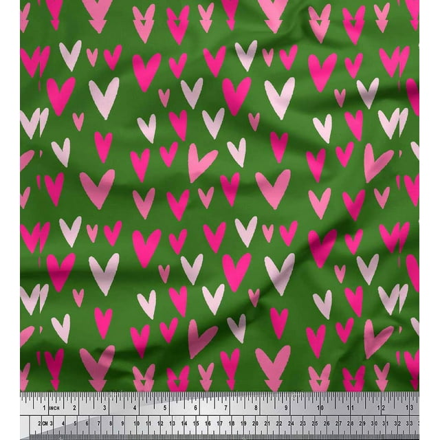 Soimoi Green polyester Crepe Fabric Pink Heart Printed Fabric 1 Yard 52 Inch Wide