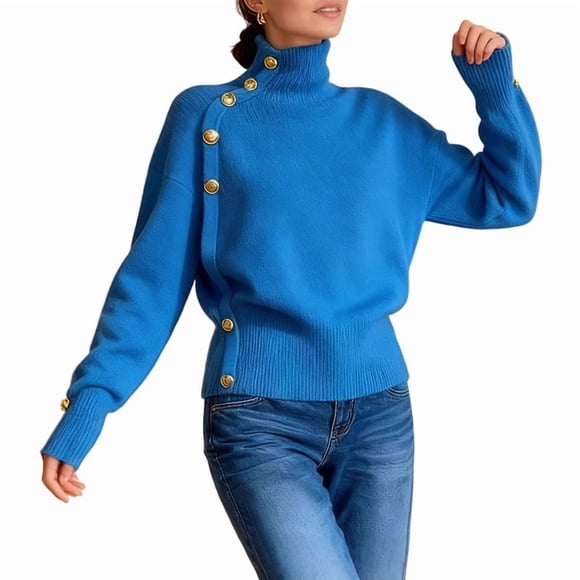 Women'S Long Sleeve Sweater with Gold Buttons Loose Fit Knitted Pullover Casual Tops Royal Blue XL