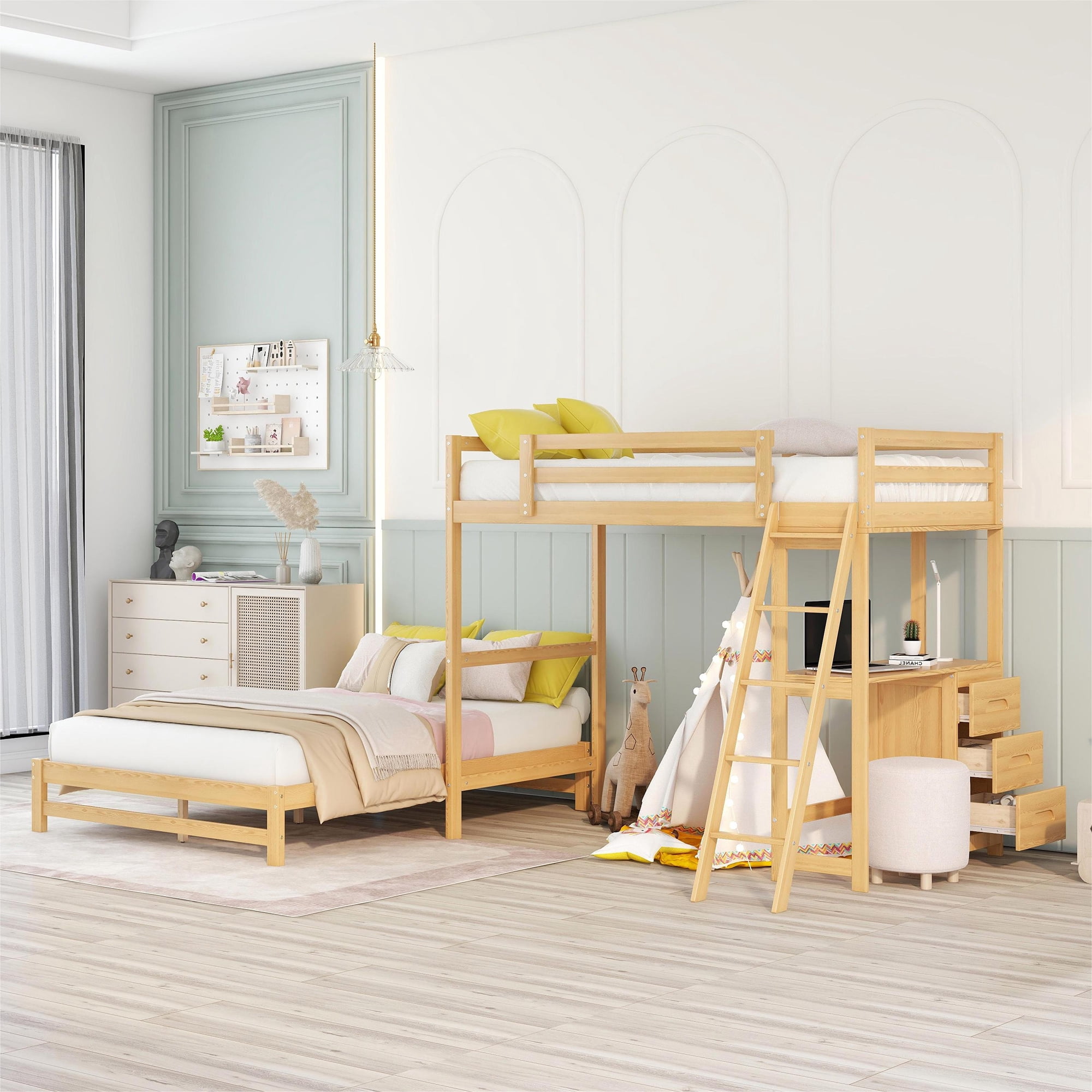 EUROCO Twin over Full Bunk Bed with Desk and Drawers for Kids Teens, Natural
