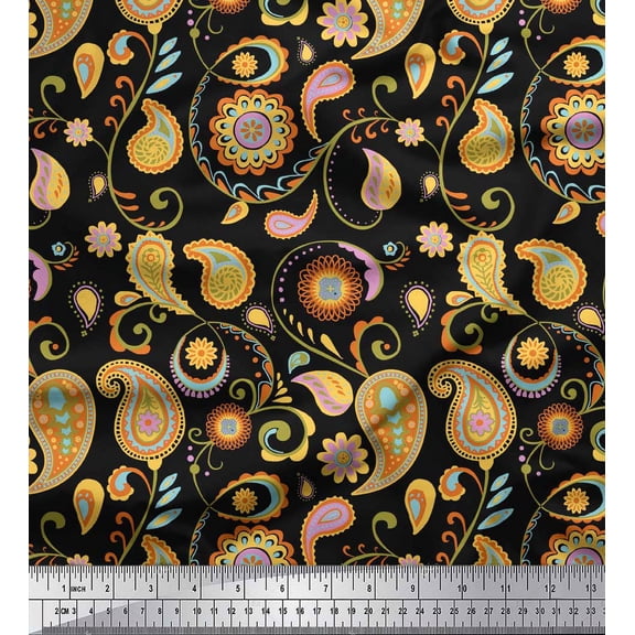 Soimoi Black Cotton Duck Fabric Mandala & Paisley Printed Craft Fabric by the Yard 44 Inch Wide