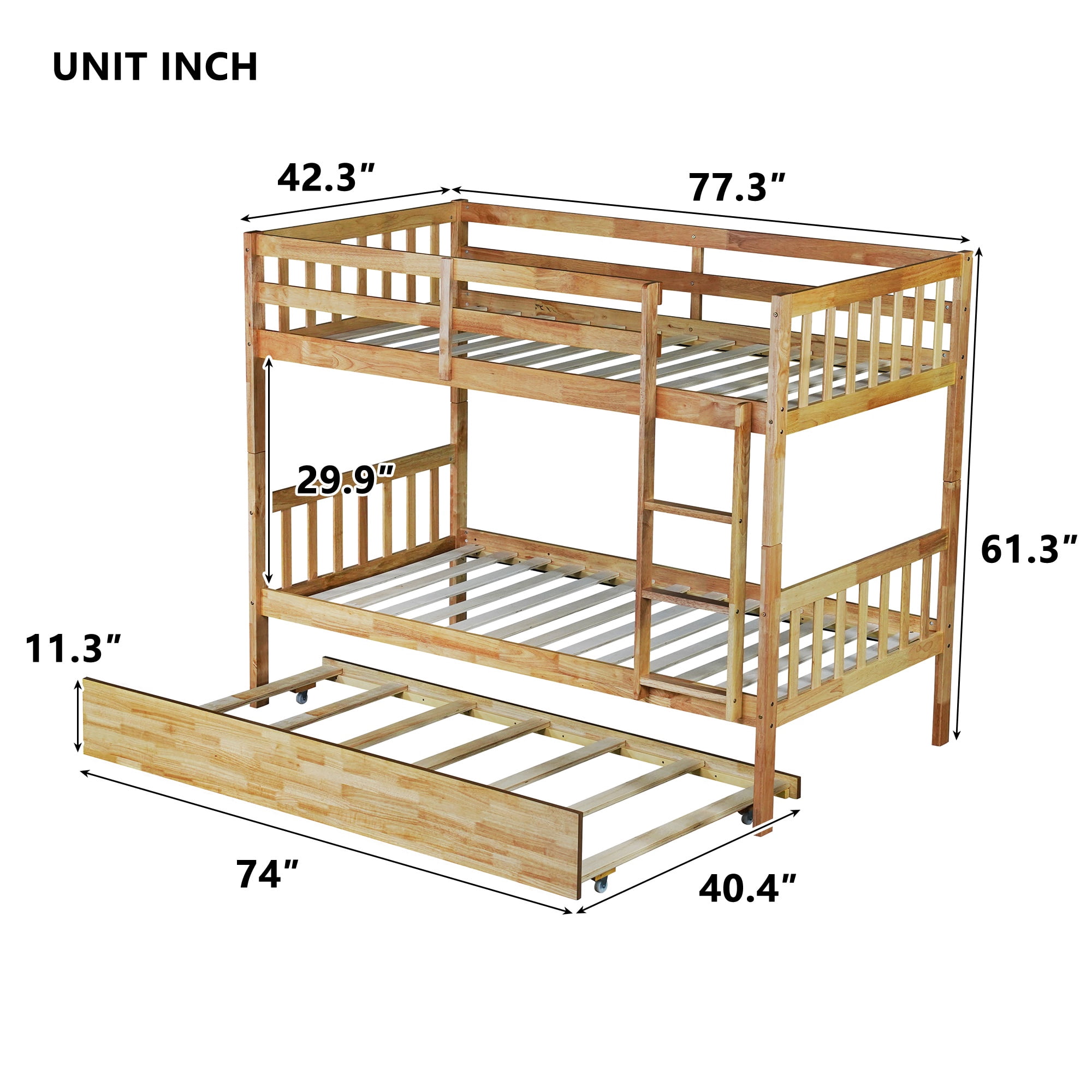 PORKISS Bunk Bed with Trundle, Twin Over Twin Bunk Bed Frame Can Convertible 2 Platform Bed, Wood Bunk Bed Built-in Ladder for Kids Teens Adults, Oak
