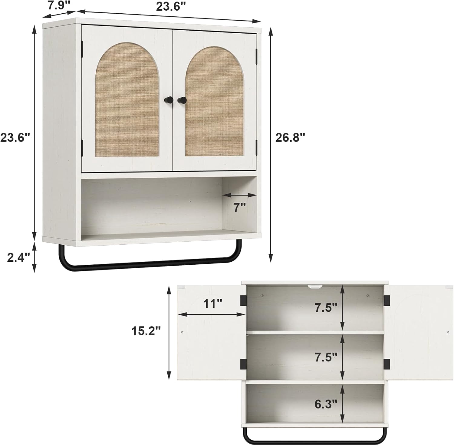 Rattan Bathroom Wall Cabinet,  Medicine Cabinet with 2 Arched Doors, Farmhouse Over The Toilet Storage Cabinets with Adjustable Shelves & Towel Bar, 3-Tier Wall Mounted Cabinets