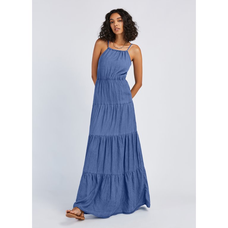ワンピース PLAIN Blue Dress with Thin Straps in Fabric Woman 61hCFZBHZOL.jpg