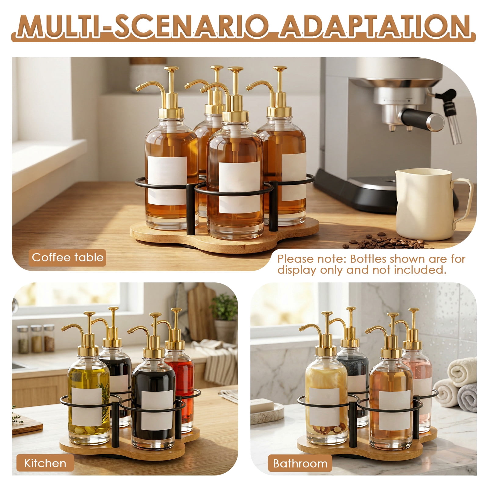 Rotating Coffee Syrup Organizer Wood and Metal 16.9oz Syrup Bottle Holder for Countertop Coffee Bar Accessories with 4 Separate Slots