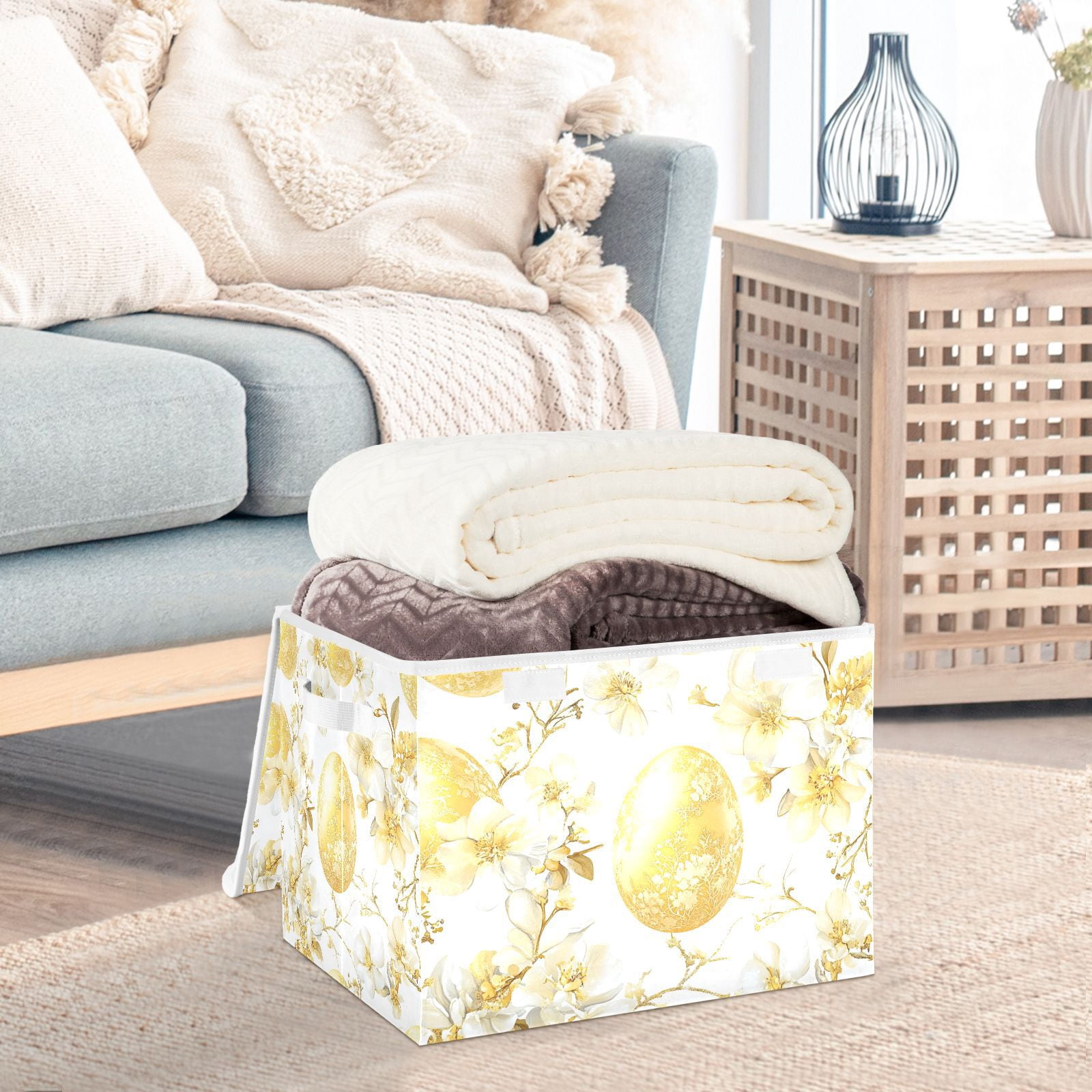 Gold Easter Eggs Flowers Storage Basket for Shelves Foldable Container Organizer for Organizing Toys Clothes Books with Handles