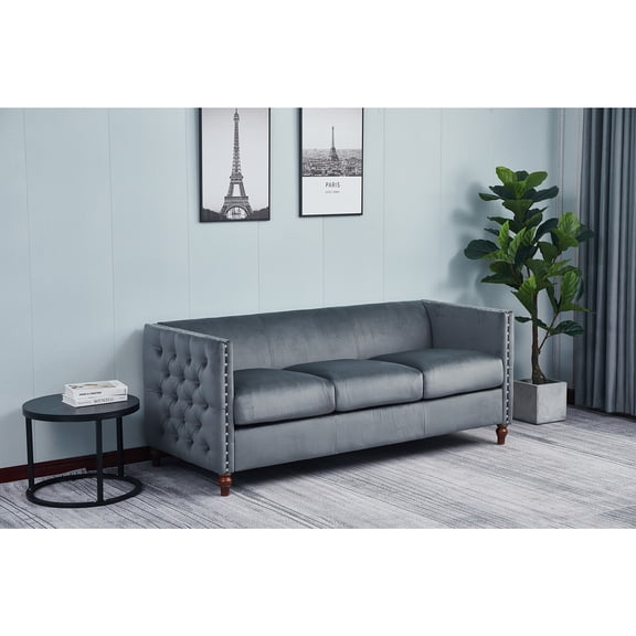 Kingway Furniture Avin Velvet Nail Head Livingroom Sofa in Gray