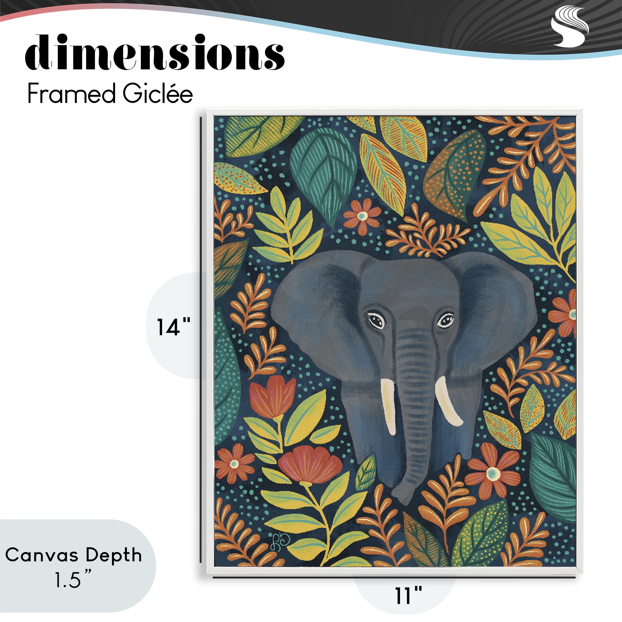 Stupell Industries Exotic Leaf Pattern Elephant White Framed Giclee Art, design by Lisa R Dumm
