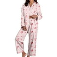 thumbnail image 3 of Valentine Pajamas Women Long Sleeve Button Down Shirts Casual Pant Cute Print Cozy Satin Nightwear Womens 2 Piece Outfits Pink XXL, 3 of 6