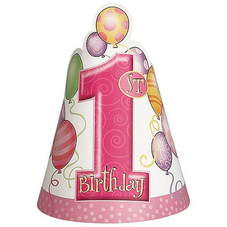 Pink Balloons 1st Birthday Party Hats, 8-Count