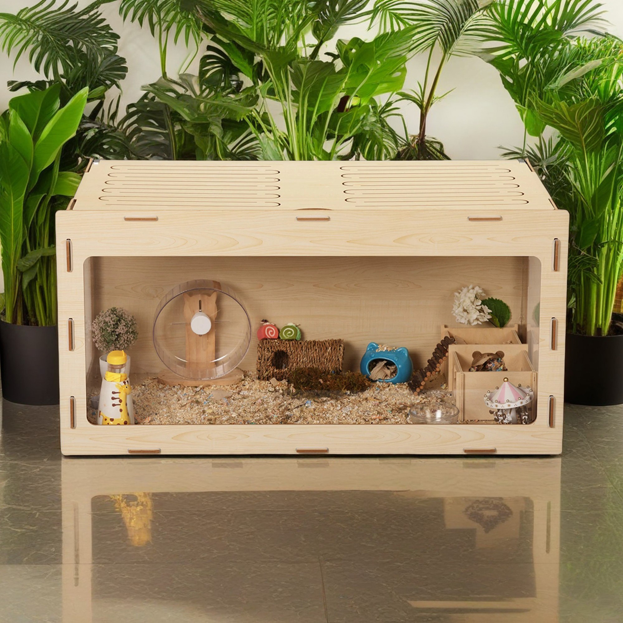 Pefilos 31" Wood Hamster Cage for Indoor, Acrylic Hutch for Dwarf Hamster, Guinea Pig, Chinchilla, Beige