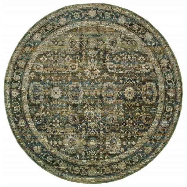 7' Round Green and Brown Distressed Floral Indoor Area Rug Walmart