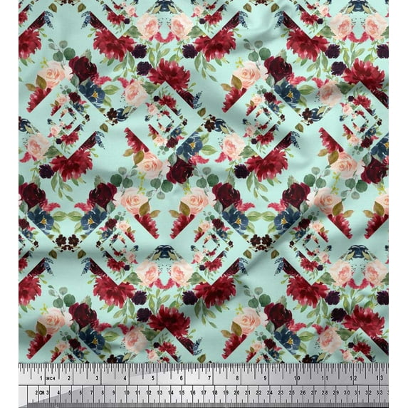 Soimoi Green Poly Georgette Fabric Geometric Shapes & Baccara Rose Floral Print Printed Fabric 1 Yard 42 Inch Wide