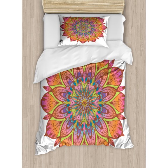 Mandala Duvet Cover Set Twin Size, Spring Concept Vintage Style Element Oriental Boho Pattern Flourishing Flowers, Decorative 2 Piece Bedding Set with 1 Pillow Sham, Multicolor, by Ambesonne