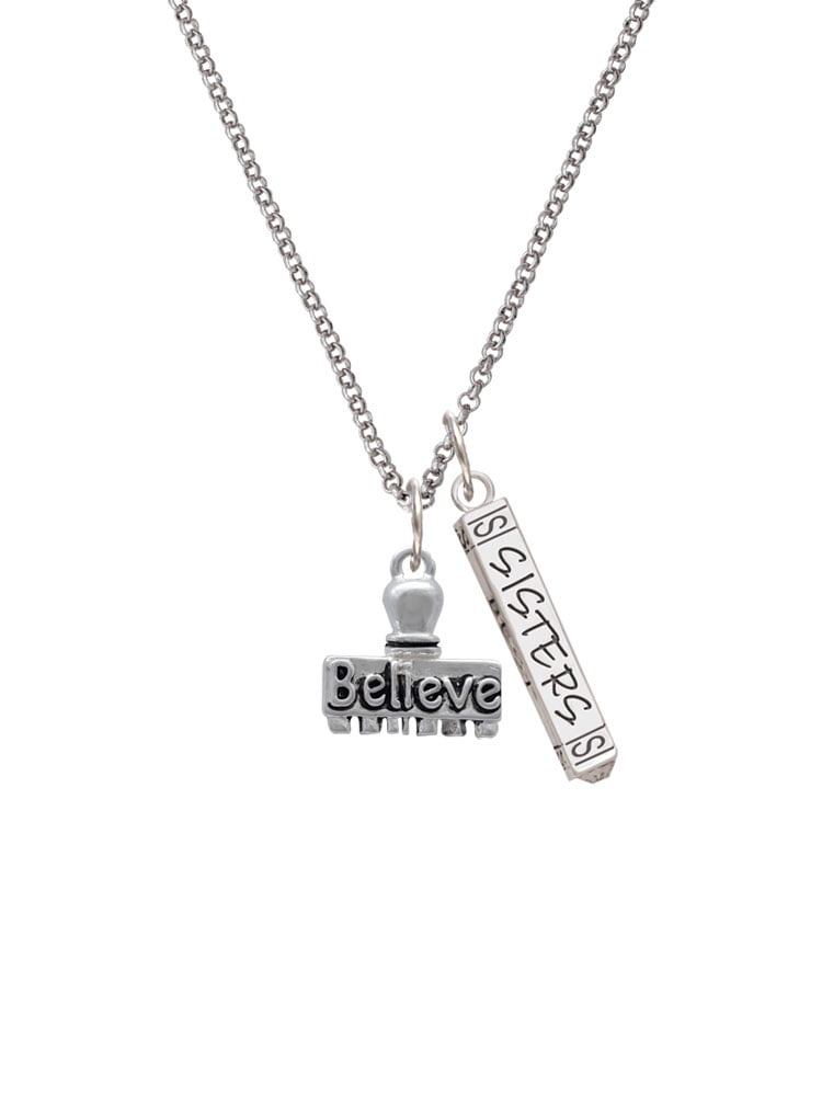 Delight Jewelry Silvertone 3-D ''Believe'' Stamp Silvertone Sisters Best Friends Forever Bar Charm Necklace, 23"