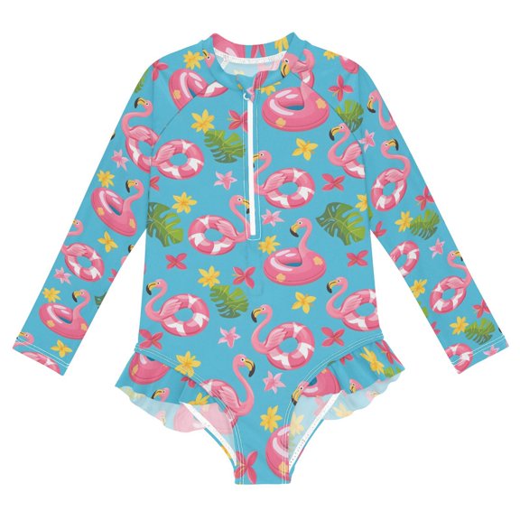 Flamingo Swimming and Flower One-Piece Swimsuit Long Sleeve UV Sun Protection UPF50 Rashguard Front Zip Quick-Dry Swimwear for 3-12 Years