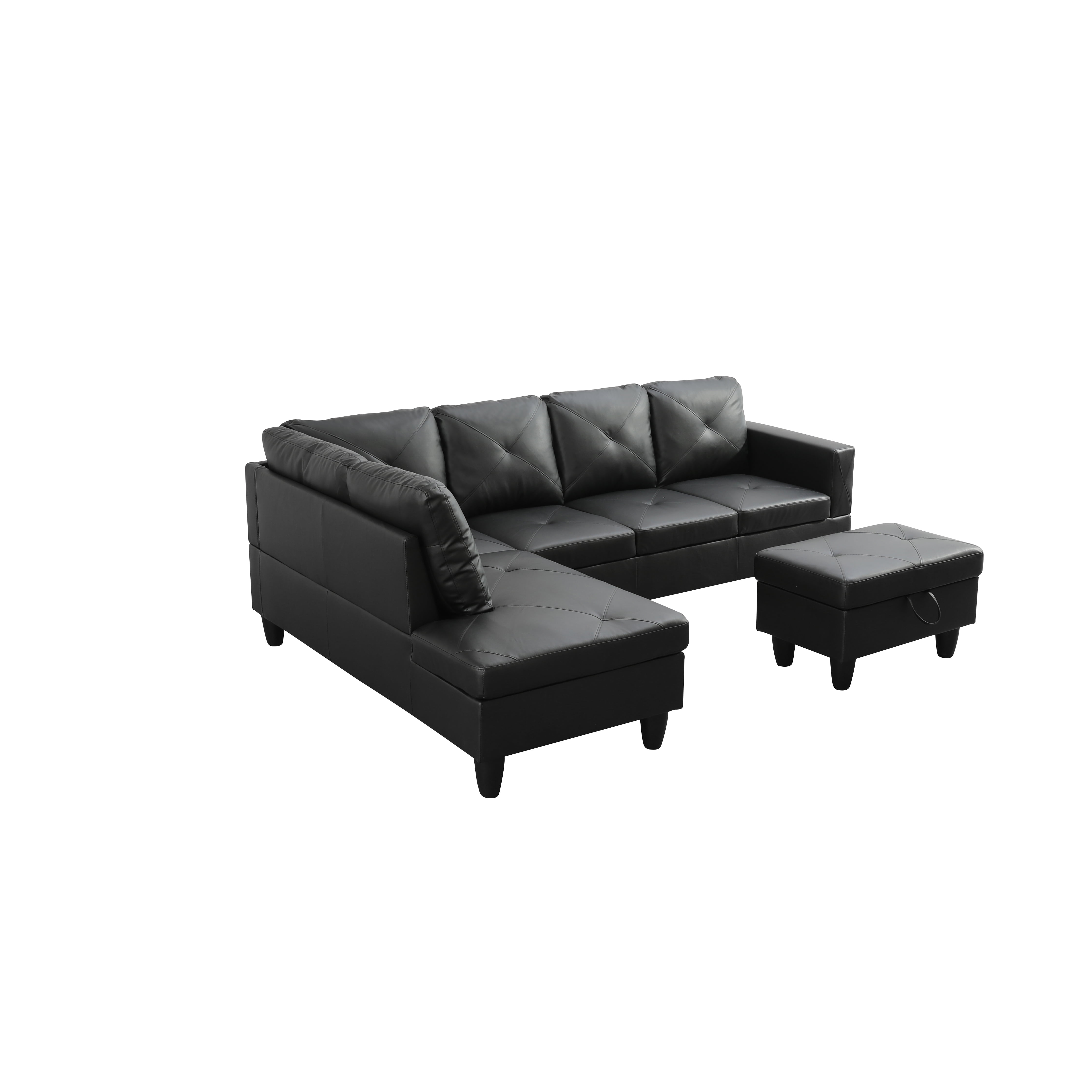 MAYEERTY 97" Faux Leather Sectional Couches, 3-Piece Modular Sofa Set with Reversible Chaise & Storage Ottoman, Black (Left)