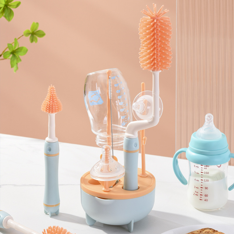 Baby Bottle Drying Rack and Cleaning Set, with Spinning Silicone Baby Bottle Brush, Pacifier Brush, Straw Brush, 2025 Xmas Holiday Surprise Gift for Newmom, blue
