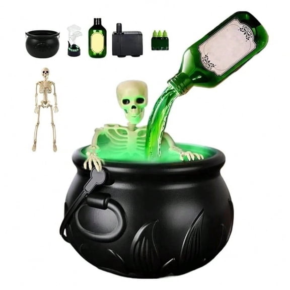 8" Halloween Black Plastic Witches Bowl  - Cauldron Halloween Decor With Magic Floating Potion Bottles And Diffuser, Party Decoration For Spooky Vintage Home Kitchen Table