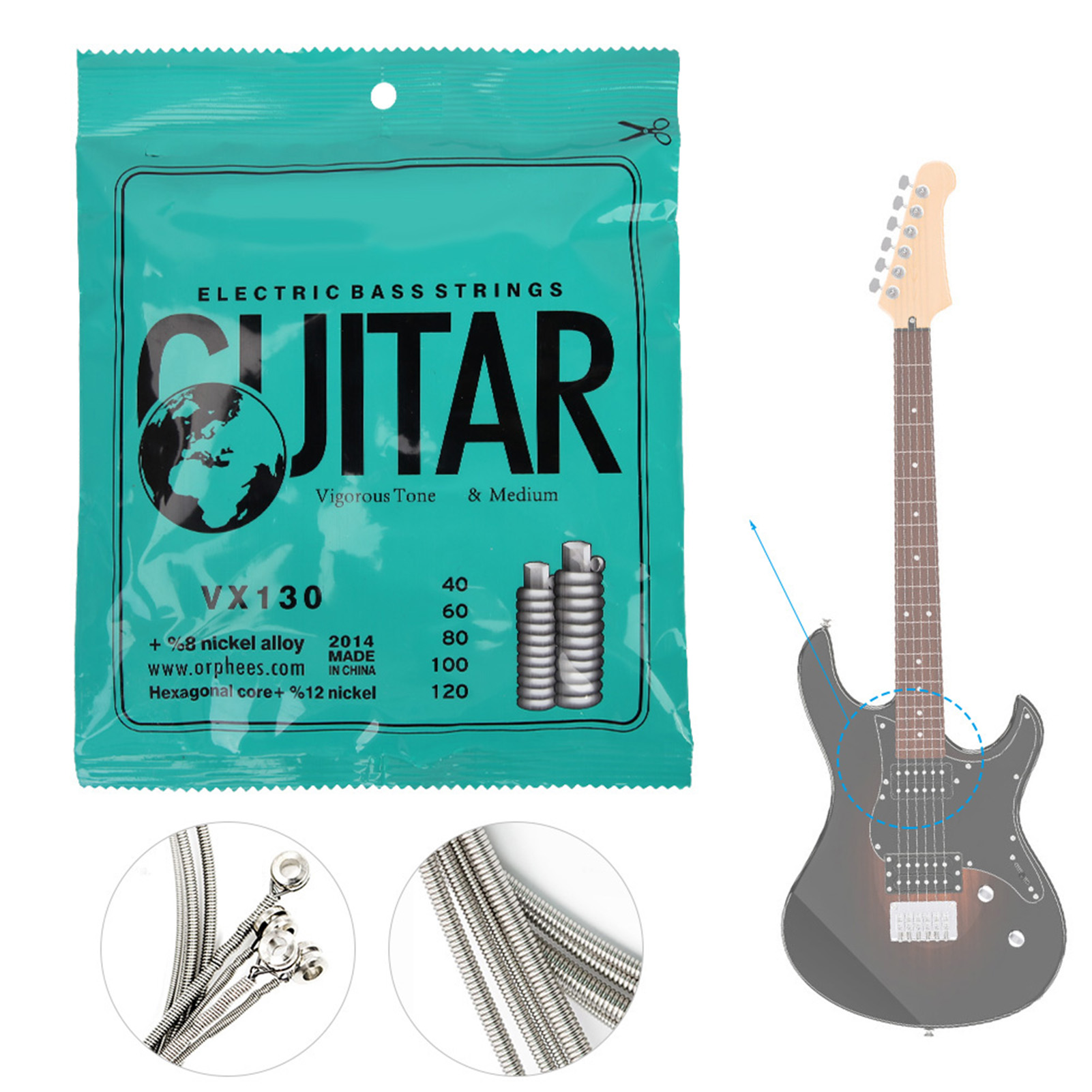 Electric Bass Strings, Lightweight Portable Vx130 Strings, Sturdy For