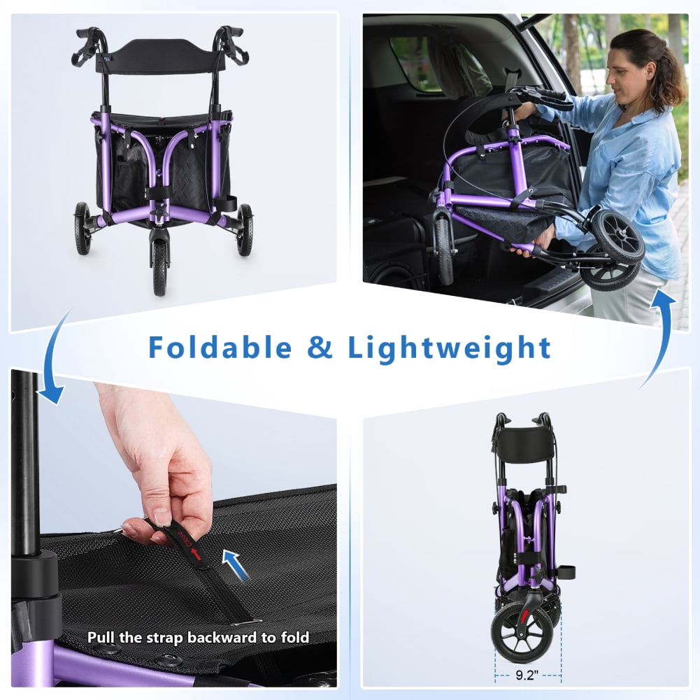 WalkMate 3 Wheel Rollator Walker for Slim Senior, 8'' Wheel Lightweight Folding Walker, Purple