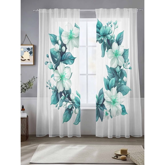 Teal Botanical Spring Sheer Curtains for Living Room Bedroom White Floral Spring Sheer Curtains 84 Inch Long 2 Panels Set Light Filtering Curtain Window Treatments Drapes for Dining Room