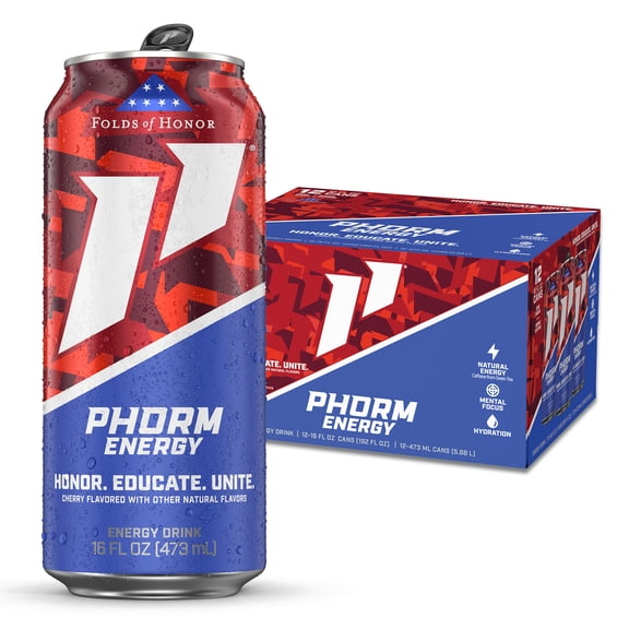 Phorm Sugar Free Energy Drink, Folds of Honor Cherry Slush Flavor, 16 fl oz Cans, 12 Pack, 200mg Caffeine
