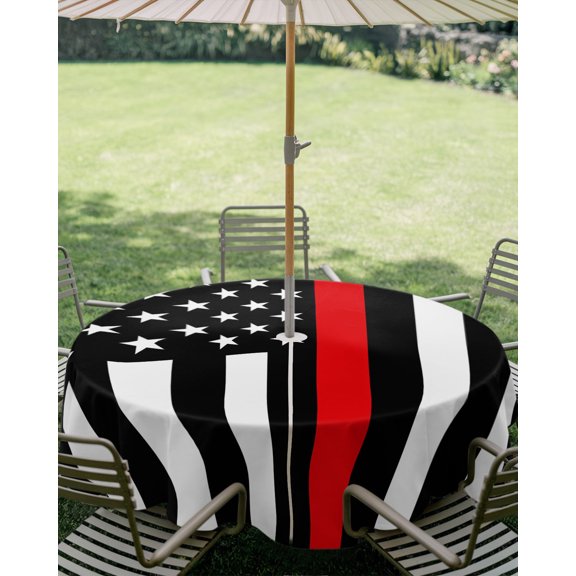 Outdoor Tablecloth with Umbrella Hole, Independence Day American Flag Patriotic Zippered Table Cloth for Square Tables, Red Stripes and Stars Washable Waterproof Tablecloths for Picnic Patio Garden