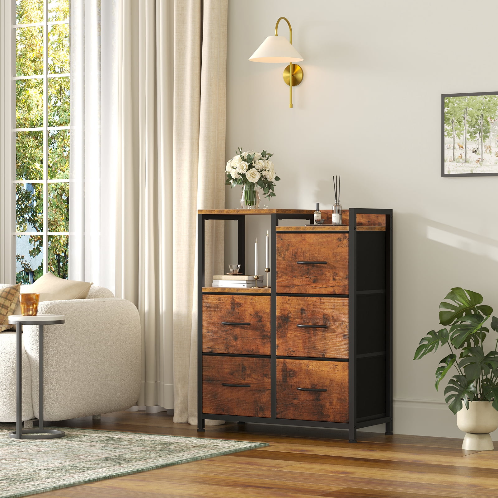 CONCETTA 5 Drawer Fabric Dresser, 2-Tier Shelf Storage Chest, Storage Cabinet for Bedroom, Hallway, Entryway, Rust