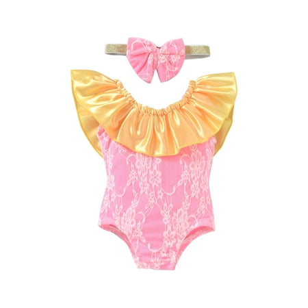 

Honeeladyy Summer Sales Fashion Toddler Baby Girls Summer Cute Lace Ruffles Pleated Bow Headdress One-piece Swimsuit + 1PC Headdress