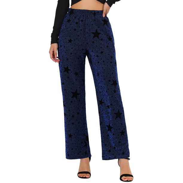 Pantalón de fiesta Allegra K elástico Pierna ancha cintura alta brillante Azul XL