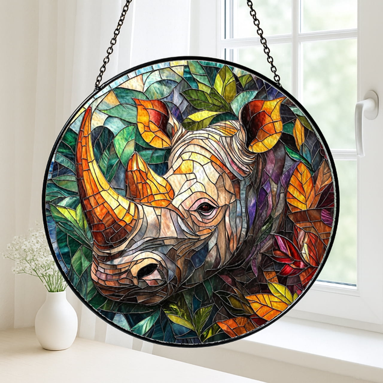 15680F ジナー Sinar ピントグラス スクリーンバック 4×5 シノゴ Majestic Rhino Stained Glass Panel, Vibrant Wildlife Design with