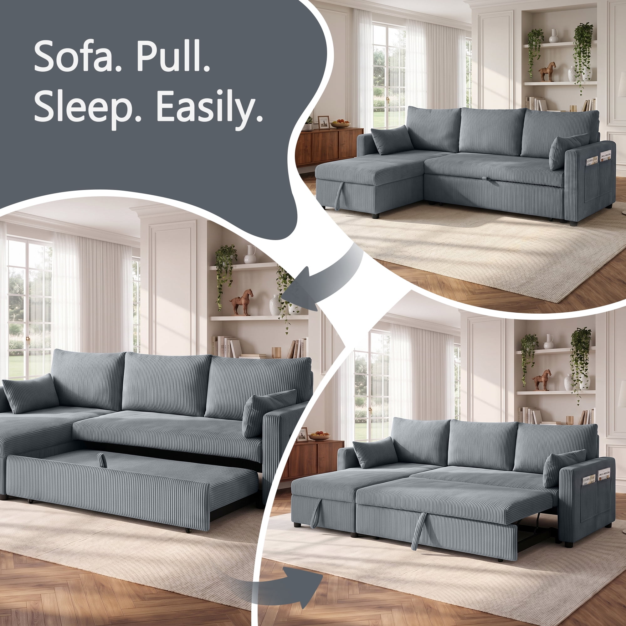 Xiweot Convertible Sectional Sleeper Sofa Bed, 85" L Shaped Couch with Pull Out Bed, Side Pockets & Storage Chaise, Corduroy 3 Seater Sectional Couch for Living Room Apartment (Gray)